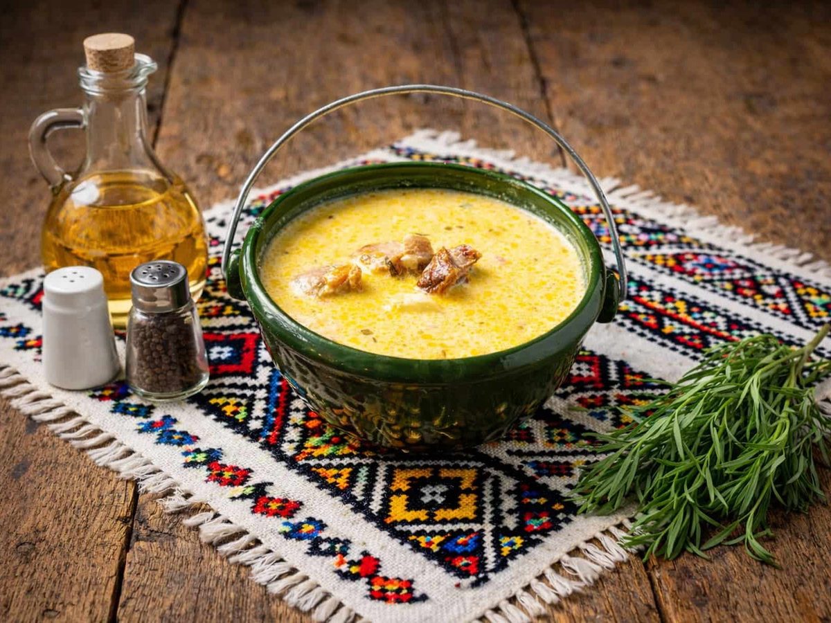 Transylvanian ciorbă in a clay pot with a handle, on an embroidered cloth, at Restaurant Ceaun