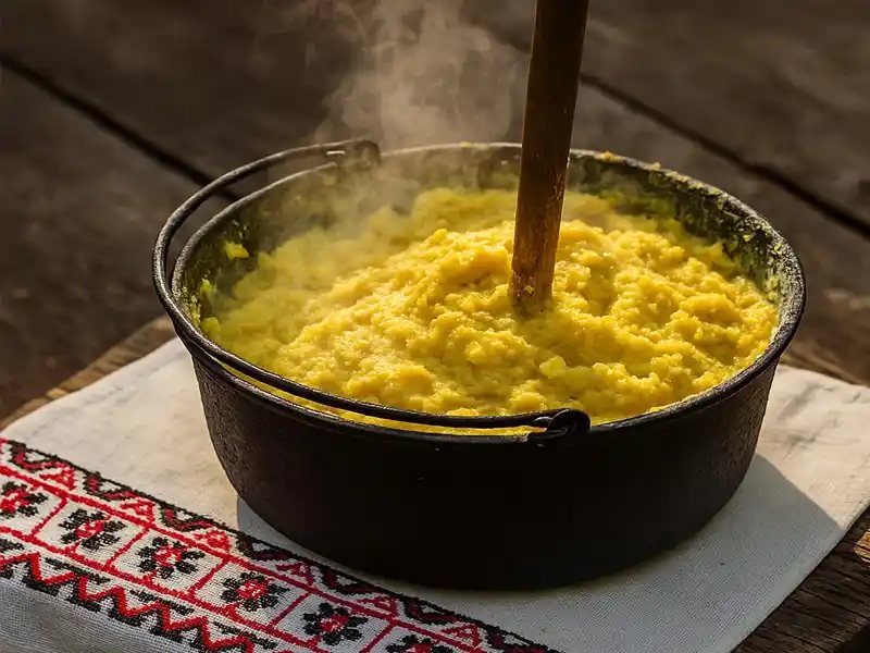 Warm polenta in a cast-iron cauldron, with a wooden stirring stick, on an embroidered cloth